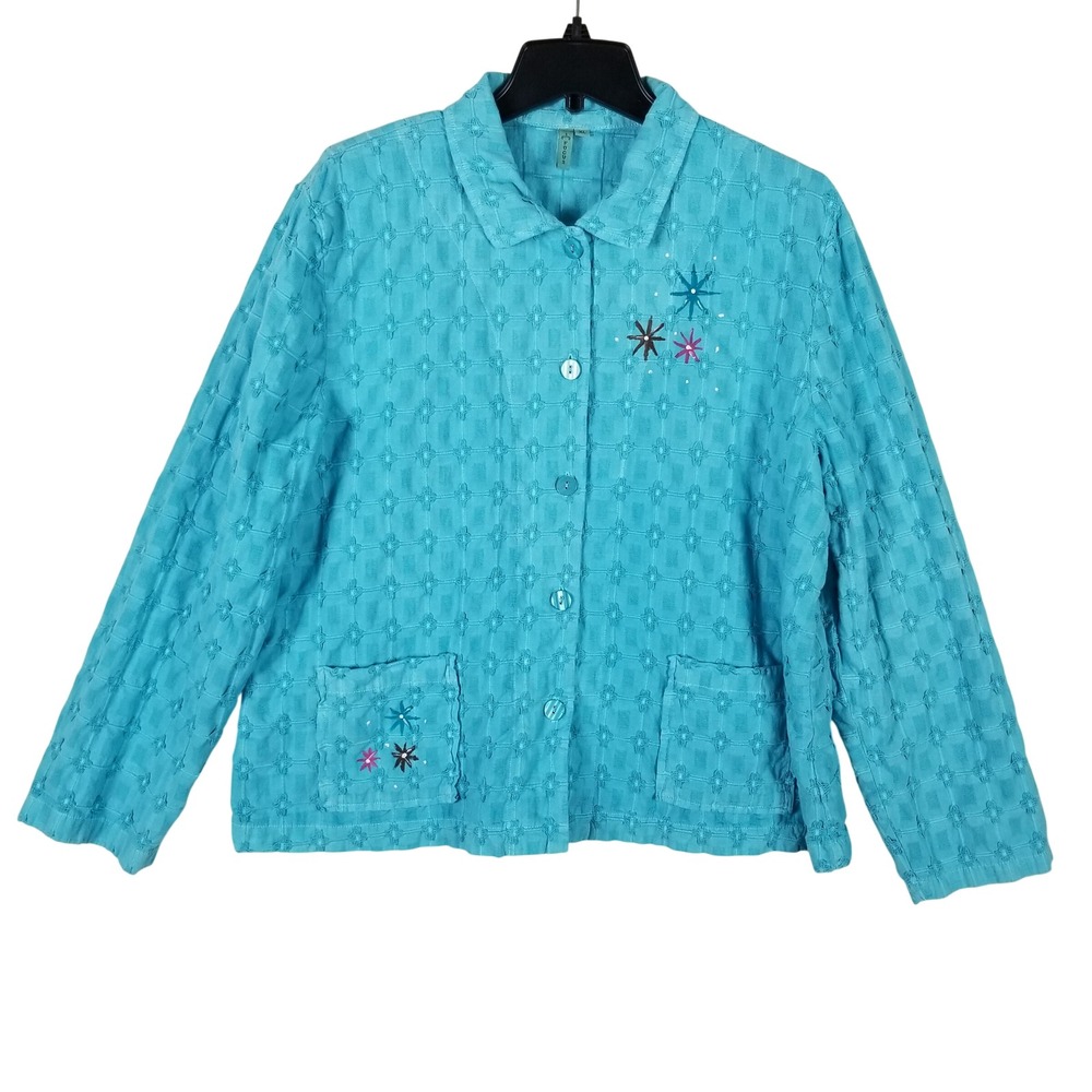 Focus Button Up Shirt Womens XL Turquoise Cotton Textured Painted Starburst Art